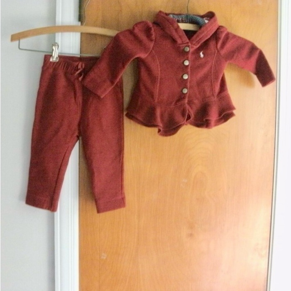 Ralph Lauren Baby Girls 2 Piece Peplum Hoodie Top & Pants Set Red Size 12 Months